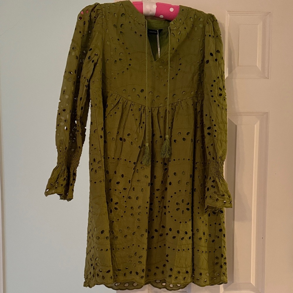 Olive Eyelet Long-Sleeve Cotton Dress